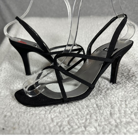 Stuart Weitzman NWB Quadro Black Peau Suede Strappy‎ Heels Sz 6.5W Square Toe